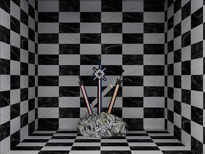 Black and White Checkered Walls and Floor With Swords Including Cross Symbol On Stone 3d model