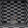 Black and White Checkered Walls and Floor With Swords Including Cross Symbol On Stone