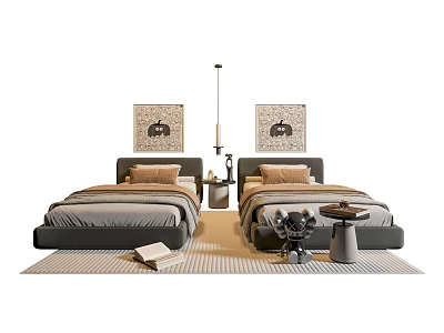 Upholstered Gray Single Beds With Elephant Wall Art Nightstands And Striped Rug Setup 3d model