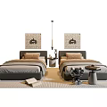 Upholstered Gray Single Beds With Elephant Wall Art Nightstands And Striped Rug Setup