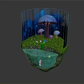 Magical Cartoon Scene Featuring Floating Island Colorful Tree Mushrooms Water Stream And Little Girl