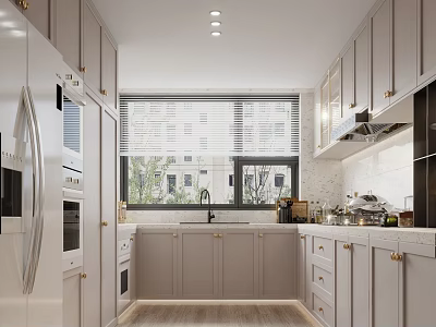 Modern Kitchen Interior Design With Light Colored Cabinetry Island Countertop Appliances And Window Blinds 3d model