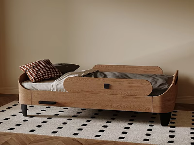 Wooden Kids Bed With Curved Headboard Black Legs On Dot Pattern Rug 3d model