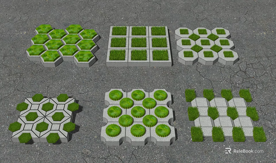 Modular Ecological Paving Tiles with Grass in Various Geometric Shapes 3d model 