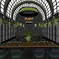 Plant Themed Restaurant Interior With Arched Glass Ceiling Green Plants And Dining Tables