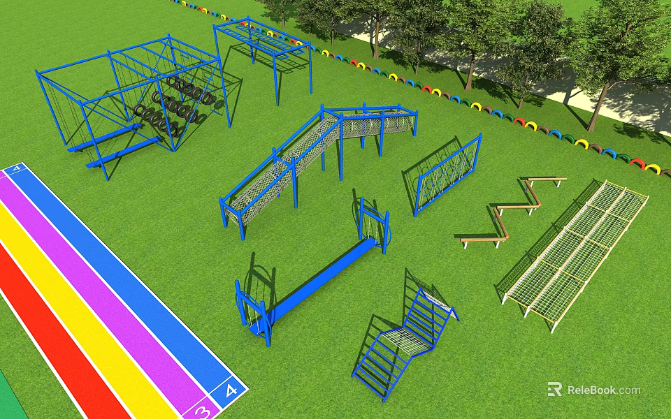 Outdoor Playground Equipment With Blue Climbing Structures Green Grass And Colorful Borders 3d model 