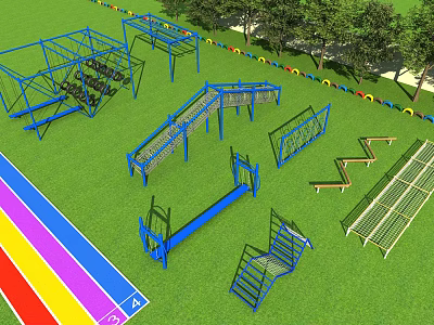 Outdoor Playground Equipment With Blue Climbing Structures Green Grass And Colorful Borders 3d model