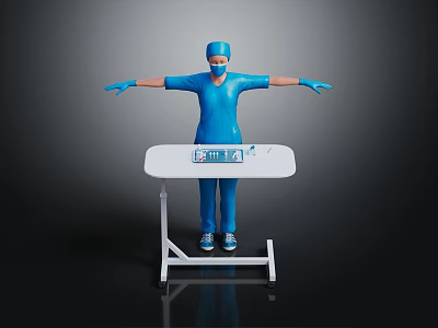 Surgeon in Blue Scrubs With Arms Outstretched by White Table and Medical Equipment 3d model