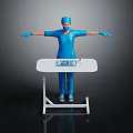 Surgeon in Blue Scrubs With Arms Outstretched by White Table and Medical Equipment