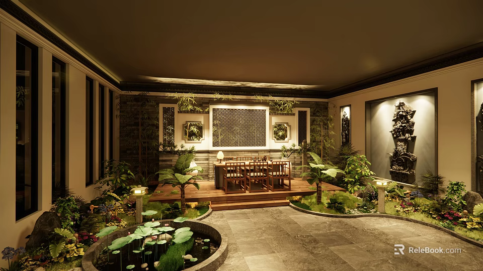 Traditional Chinese Teahouse Courtyard With Pond Green Plants And Wooden Tables 3d model 