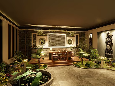 Traditional Chinese Teahouse Courtyard With Pond Green Plants And Wooden Tables 3d model