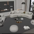 Modern Elegant Curved Sofa and Coffee Table Set with Ottomans Floor Lamp and Fireplace