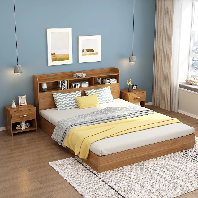 Wooden Double Bed with Bookshelf Headboard Gray Yellow Pillows Nightstands Pendant Lights 3d model 