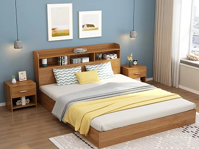 Wooden Double Bed with Bookshelf Headboard Gray Yellow Pillows Nightstands Pendant Lights 3d model