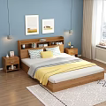Wooden Double Bed with Bookshelf Headboard Gray Yellow Pillows Nightstands Pendant Lights