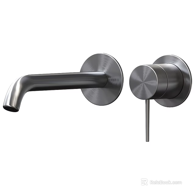 Modern Two Handle Wall Mounted Faucet with Brushed Stainless Steel Finish and Curved Spout 3d model 
