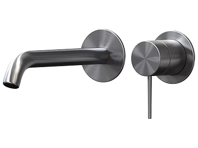 Modern Two Handle Wall Mounted Faucet with Brushed Stainless Steel Finish and Curved Spout 3d model