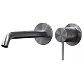 Modern Two Handle Wall Mounted Faucet with Brushed Stainless Steel Finish and Curved Spout