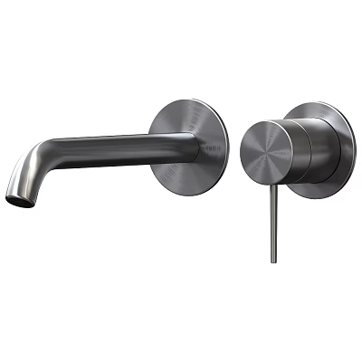 Modern Two Handle Wall Mounted Faucet with Brushed Stainless Steel Finish and Curved Spout 3d model