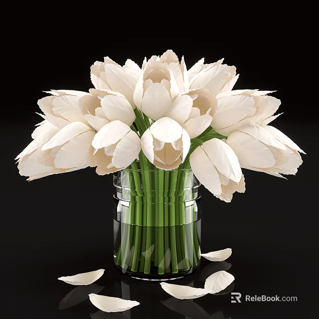 White Tulips In Transparent Glass Vase With Green Stems Fallen Petals On Black Background 3d model 