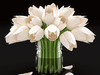 White Tulips In Transparent Glass Vase With Green Stems Fallen Petals On Black Background 3d model