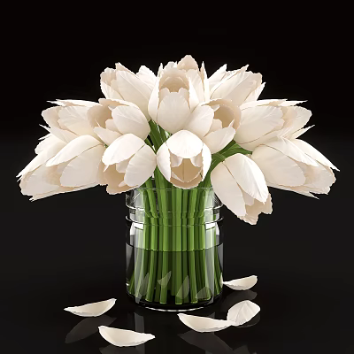 White Tulips In Transparent Glass Vase With Green Stems Fallen Petals On Black Background 3d model