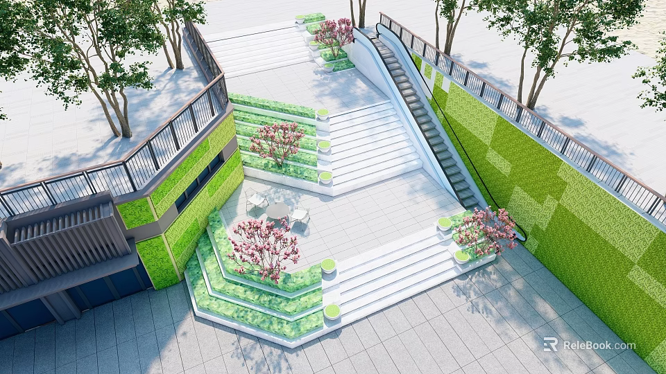 Outdoor Staircase Design With Green Plant Beds Steps And Seating Areas 3d model 