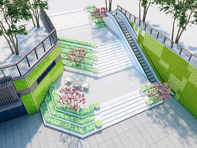 Outdoor Staircase Design With Green Plant Beds Steps And Seating Areas 3d model