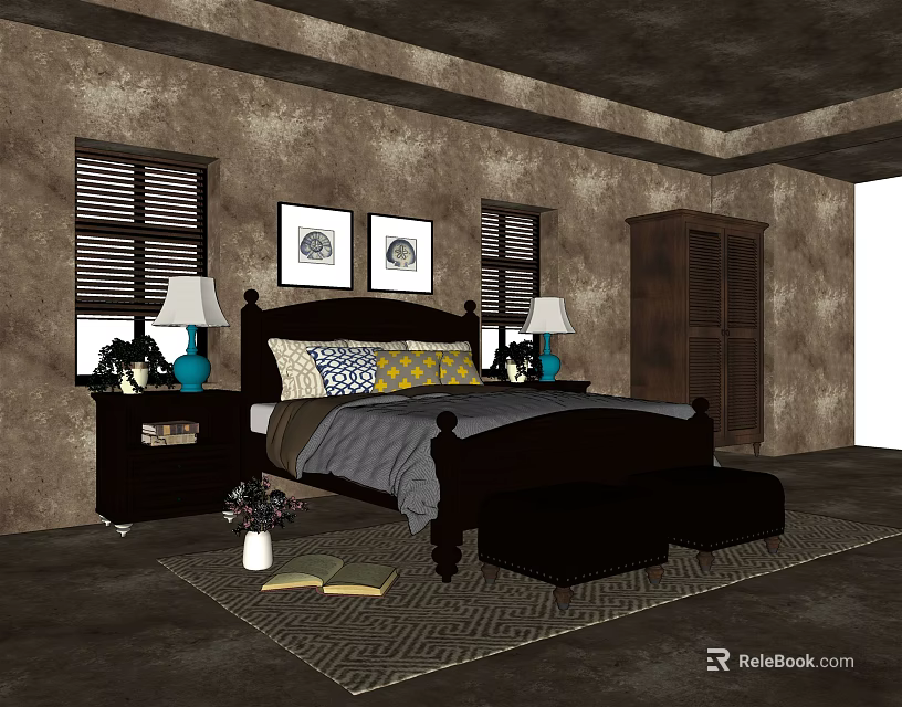 Double Bed with Dark Wooden Headboard Gray Bedspread Pillows Blue Lamps Decorative Paintings and Footstool 3d model 