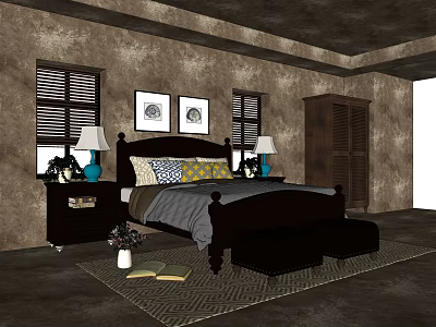 Double Bed with Dark Wooden Headboard Gray Bedspread Pillows Blue Lamps Decorative Paintings and Footstool 3d model