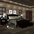 Double Bed with Dark Wooden Headboard Gray Bedspread Pillows Blue Lamps Decorative Paintings and Footstool