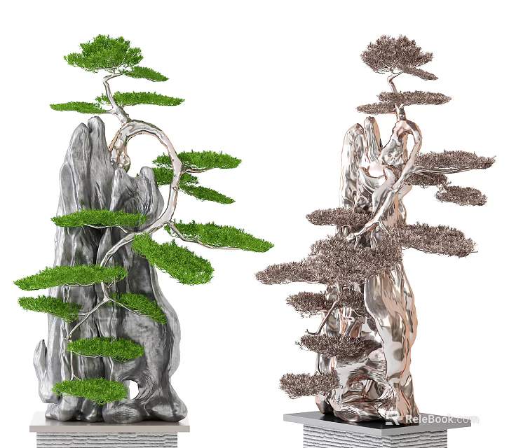 Artistic Garden Bonsai Ornaments With Greenery And Rock Formations Design 3d model 