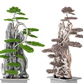 Artistic Garden Bonsai Ornaments With Greenery And Rock Formations Design