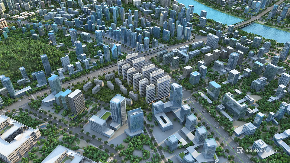 Aerial Urban Planning View With High Rise Buildings Roads River And Green Spaces 3d model 