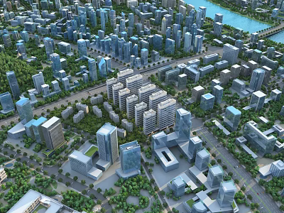 Aerial Urban Planning View With High Rise Buildings Roads River And Green Spaces 3d model