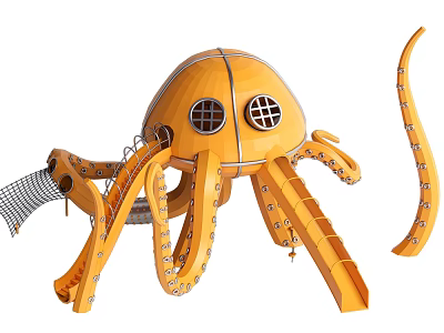 Yellow Octopus Shaped Playground Equipment With Round Windows And Tentacle Slides 3d model