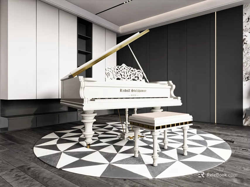 Modern Piano Room With White Grand Piano Bench And Geometric Rug 3d model 