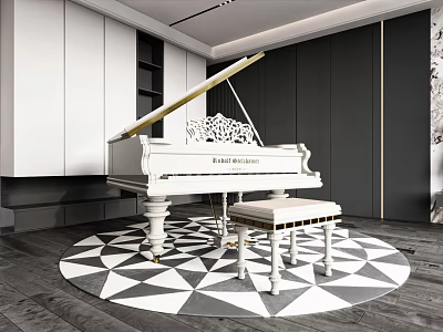 Modern Piano Room With White Grand Piano Bench And Geometric Rug 3d model