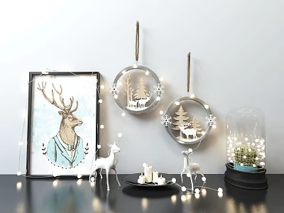 Cozy Decorative Lights in Home Interior with Framed Deer Art String Lights and Glass Cloche 3d model