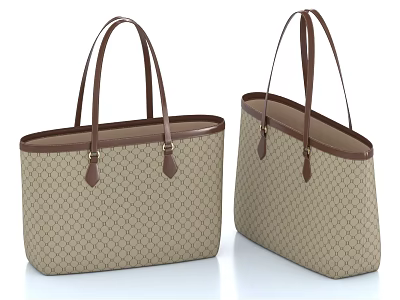 Beige Checkered Tote Bags With Brown Leather Handles And Decorative Details 3d model