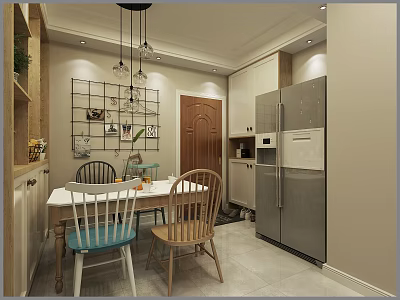 Modern Open Restaurant Interior With Dining Table Chairs Pendant Lights And Cabinets 3d model