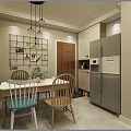 Modern Open Restaurant Interior With Dining Table Chairs Pendant Lights And Cabinets