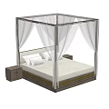 Modern Four Poster Double Bed with White Canopy and Wooden Bedside Tables 3d model