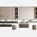 Modern Bathroom Vanity Design With Large Mirror Storage Cabinets And Padded Stools 3d model