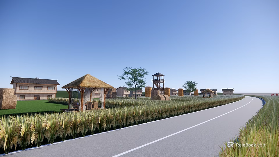 Rural Garden Landscape With Thatched Pavilion Rice Field Path Trees And Watchtower 3d model 