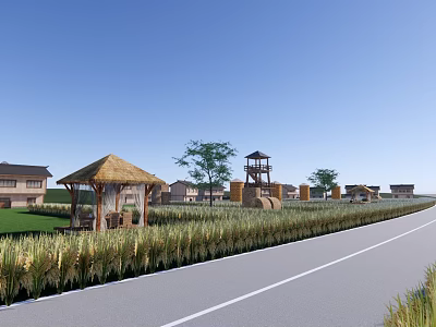 Rural Garden Landscape With Thatched Pavilion Rice Field Path Trees And Watchtower 3d model