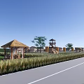 Rural Garden Landscape With Thatched Pavilion Rice Field Path Trees And Watchtower