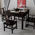 Dark Wood Dining Table Set With Four Chairs Tableware And Decorative Painting 3d model