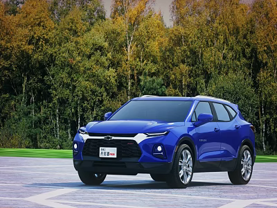 Blue Chevrolet SUV Parked On Paved Road With Autumn Forest Trees Background 3d model Blue Chevrolet SUV Parked On Paved Road With Autumn Forest Trees Background 3d model