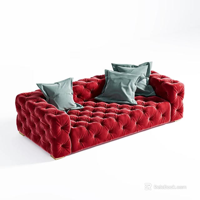 Elegant Red Velvet Tufted Multi Seat Sofa with Gray Cushions 3d model